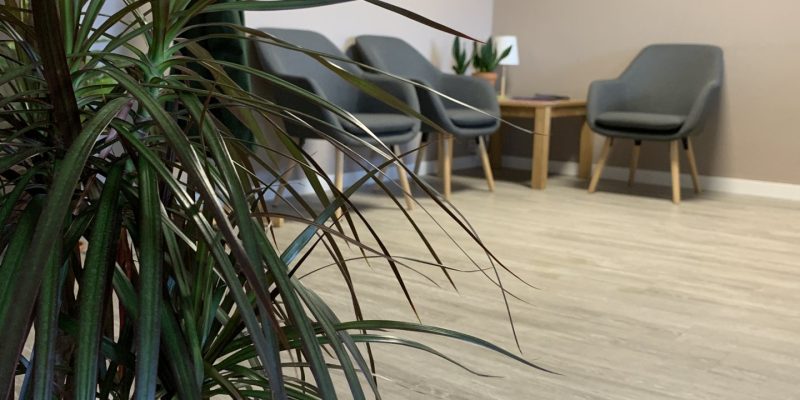 Wartebereich im Büro von NordWest Training am Bahnhofsplatz in Oldenburg: Im Vordergrund ein Drachenbaum, dahinter graue Sessel, ein Holztisch mit Lampe und gerahmte Bilder an der Wand.