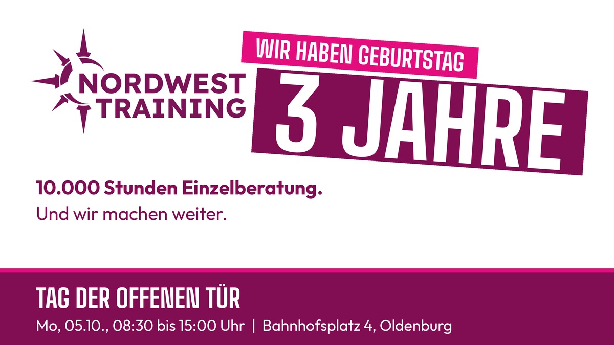 Grafik von NordWest Training: Wir haben Geburtstag, 3 Jahre. 10.000 Stunden Einzelberatung, und wir machen weiter. Tag der offenen Tür am Montag, 05.10., von 08:30 bis 15:00 Uhr am Bahnhofsplatz 4 in Oldenburg.